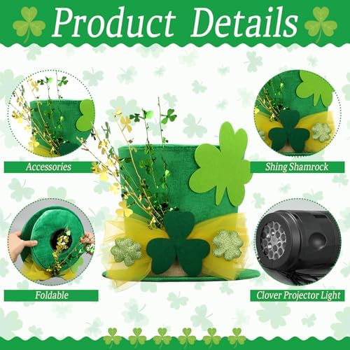 Glooglitter St. Patrick's Day Tree Topper Hat with Projector Large Green Clover Velvet Hat Leprechaun Decor with LED Light Rotating Green Shamrock for St Patricks Day Irish Home Decoration - Image 2