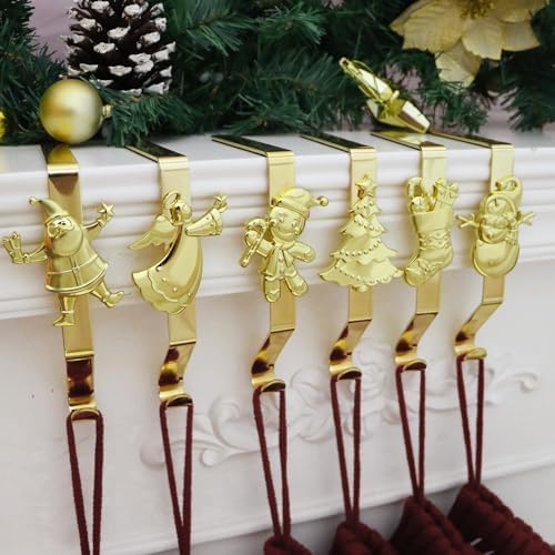 Gold Christmas Stocking Hooks - Set of 6, Reusable No-Damage Hangers for Fireplace Mantle and Christmas Decoration - Image 4