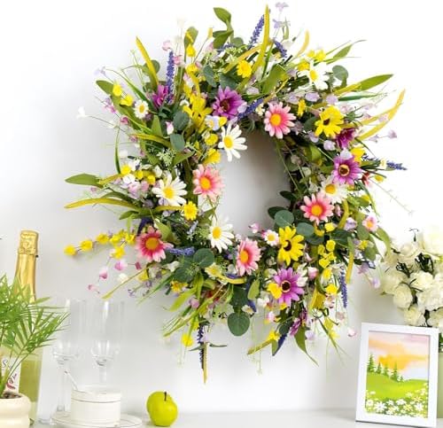 Yawwind 24 Inches Summer Wreaths for Front Door Spring Flower Wreaths Summer Door Wreath Colorful Wildflower Wreath with Daisy Lavender for Window Indoors Outdoor Decor - Image 3