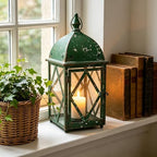 Vintage Green Metal Candle Lantern with Glass 17in Distressed Blue Rustic Large Farmhouse Hanging Candle Holder Lanterns for Indoor & Outdoor Front Porch Table Centerpiece Decor - Image 5