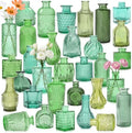 Colored Glass Vases Bulk 32 Pcs - Assorted Vintage Bud Vases for Wedding Centerpieces, Rustic Embossed Glass Bottles for Table Decor, Home Floral Arrangements with Green Series (2-6 Inch) by SHOHAYTO