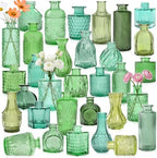 Colored Glass Vases Bulk 32 Pcs - Assorted Vintage Bud Vases for Wedding Centerpieces, Rustic Embossed Glass Bottles for Table Decor, Home Floral Arrangements with Green Series (2-6 Inch) by SHOHAYTO