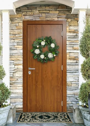 20" Artificial Wreath for Front Door White Camellia Wreath Greenery for Easter Spring Housewarming Wedding Farmhouse Mantel Door Decoration - Image 5
