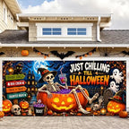 Funny Halloween Garage Door Banner 7x16ft, Just Chilling Till Halloween Outdoor Decoration, Cute Ghost and Skeleton Pumpkin Double Garage Door Cover Tapestry Mural for House Front Holiday Decor by LEIWEIHOPE