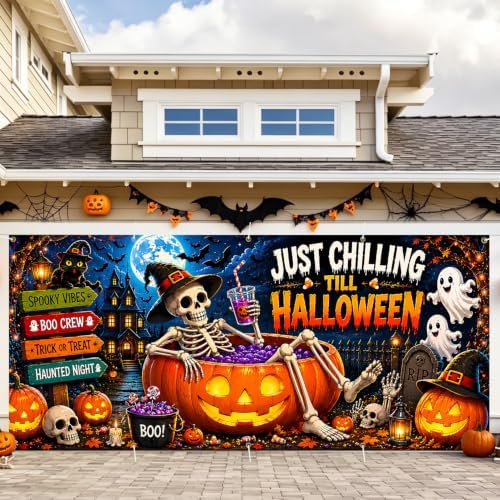 Funny Halloween Garage Door Banner 7x16ft, Just Chilling Till Halloween Outdoor Decoration, Cute Ghost and Skeleton Pumpkin Double Garage Door Cover Tapestry Mural for House Front Holiday Decor by LEIWEIHOPE