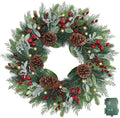 24” Lighted Large Pine Christmas Wreath with Red Berry– Mixed with Fake Norfolk Cypress Cedar Lamb Ear & Pinecone, Xmas Winter Wreaths for Front Door Porch Mantel & Fireplace (50 LED Lights) by BINFEN