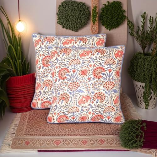 Ridhi Block Print Flamingo Pink Pillow Cover 18" x 18" (Pack of 2) Decorative Couch Pillows for Living Room, Chic Boho Cute Outdoor Pillows Covers Gifts for Spring, Easter and Valentine - Image 2