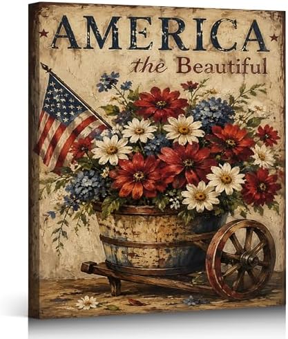 Ship Next Day - Framed Patriotic Wall Art Canvas, America the Beautiful Floral Painting, Rustic Farmhouse USA Flag Canvas Print for Living Room, Kitchen, Bedroom, Office, Made in USA by ZERILYN
