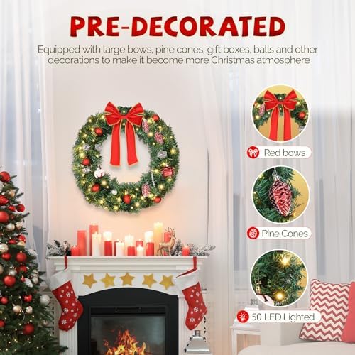 VINGLI 24 Inch Christmas Wreath Prelit Front Door Battery LED Decor Green - Image 2