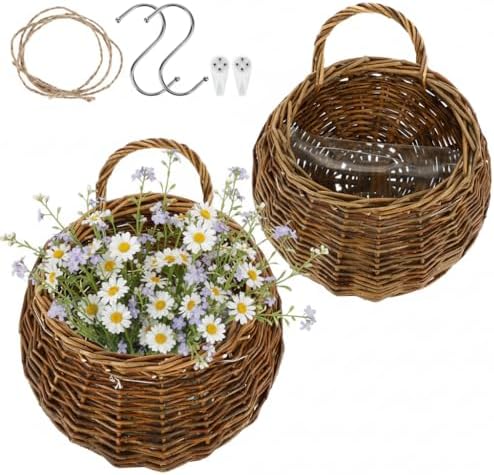 DOITOOL 2PCS Woven Hanging Wall Basket Rattan Wall Planter, Wicker Handmade Baskets Rustic Flower Pots Plant Containers for Garden Home Storage Flowers Hanging Planters by DOITOOL