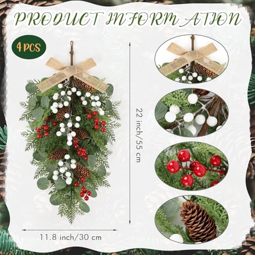 22" Christmas Wreaths for Front Door 4 PCS Christmas Teardrop Swag Artificial Winter Wreath with Red White Berry Pine Cone Eucalyptus for Front Door Indoor Outdoor Wall Hanging Wreaths Decor - Image 3
