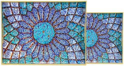 Serving Trays Set of 2, Decorative Plastic Serving Trays with Handles, Party Tray for Food, Coffee Table, Ottoman, Bathroom, and Living Room (Blue Bohemian) by AmiTodfo