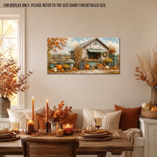 WAXWHELK Fall Canvas Wall Art, Autumn Rustic Farmhouse Painting Pictures of Farm Fresh Stand with Pumpkins and Mums, Thanksgiving Artwork for Living Room Bedroom Home Decor, (16"x32") - Image 2