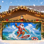 7x16FT Merry Chrismas Garage Door Banner Santa Claus Surfing Beach Garage Door Cover Decoration for Chrismas Outdoor Decoration by FOREVERQUEEN