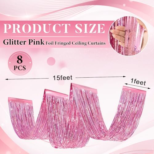 Breling 8 Pcs Iridescent Pink Ceiling Fringe Curtains, Foil Drapes, 15 ft - Image 2