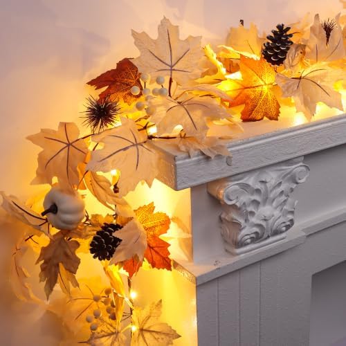 Fall Decor 6FT Lighted Fall Garland with Lights & Timer, Full Autumn Light Up Fall Leaf Mantle Garland with Pumpkin Berries Pinecone, Indoor Fall Thanksgiving Decorations for Home Fireplace Porch Door - Image 5