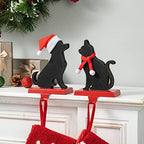 Glitzhome Cat and Dog Christmas Stocking Holders, Set of 2 Wooden/Metal Fireplace Mantel Holiday Decor Pet-Themed Sock Hangers with Scarf & Hat Design - Image 2