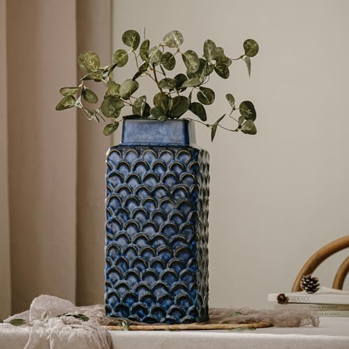 Ceramic Flower Vase, 12.6” Tall Vintage Blue Pottery Vase for Home Decor, Rustic Textured Vase for Pampas Grass, Living Room, Entryway, Mantel, Kitchen Table - Image 2
