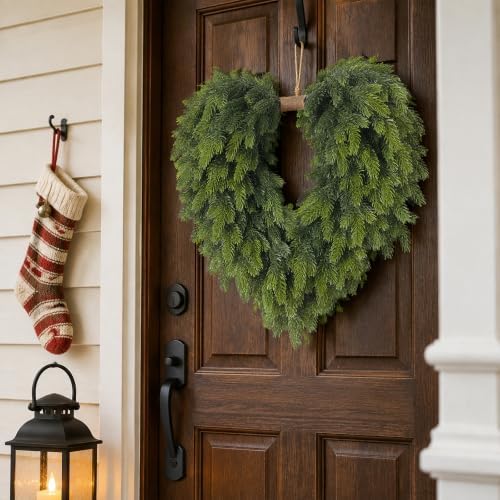 24" Artificial Norfolk Pine Heart-Shaped Christmas Wreath for Front Door - Image 3