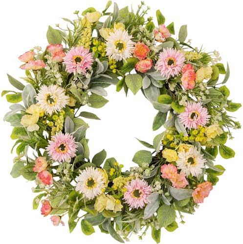 20 Inch Spring Wreaths for Front Door, Artificial Pink Gerbera Daisy & Yellow Rose Floral Wreath with Lamb's Ear Leaves & Greenery, Farmhouse Summer Wreath for Wall Window Porch Home Decor by wwmira