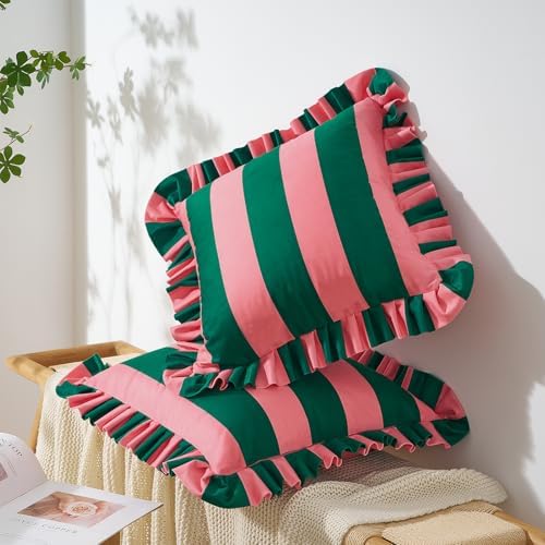 MONDAY MOOSE Decorative Throw Pillow Covers, Set of 2 Water-Resistant Striped Design with Ruffle Edge for Outdoor/Indoor Use, Pillow Inserts Not Included (16x16 inch, Pink/Dark Teal) - Image 2