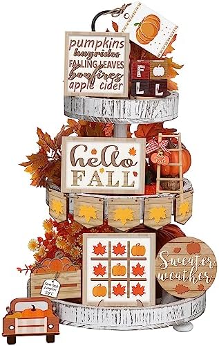 14 Pcs Halloween Tiered Tray Decor Set, Gnome Wood Table Signs (Maple) by Unknown