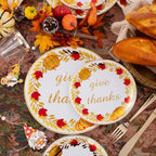 Rubtlamp 175Pcs Thanksgiving Plastic Plates, Gold Disposable Plates With Red Wreath, Fall Party Plates Include 75Gold Plastic Cutlery with Pre Rolled Napkins,25Dinner Platos, 25Salad Platos, 25 Cups - Image 5