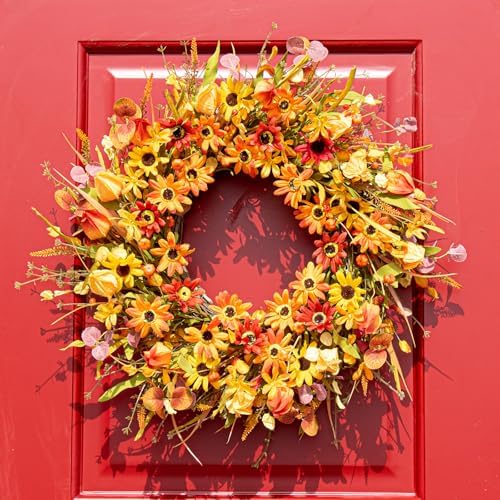 JINGHONG Fall Wreaths for Front Door 22 Inch Artificial Fall Wreath Floral Autumn Wreath with Colorful Daisies Orange Foliage for Indoor Outside Door Harvest Festival Thanksgiving Day Celebration - Image 5