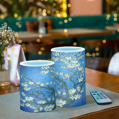 ALAZA Van Gogh Almond Blossom Flickering Flameless Candles Battery Operated with Remote Timer,Tea Light Candles LED Pillar Votive Candles Set of 2 for Outdoor Indoor Decorations - Image 6