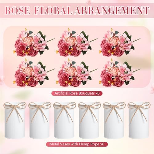 Domensi 6 Sets Wedding Centerpiece for Table Decoration Dusty Pink Artificial Fake Rose Flower with Metal Vase Faux Silk Rose Bouquet Floral Arrangement for Bridal Shower Home Dining - Image 5