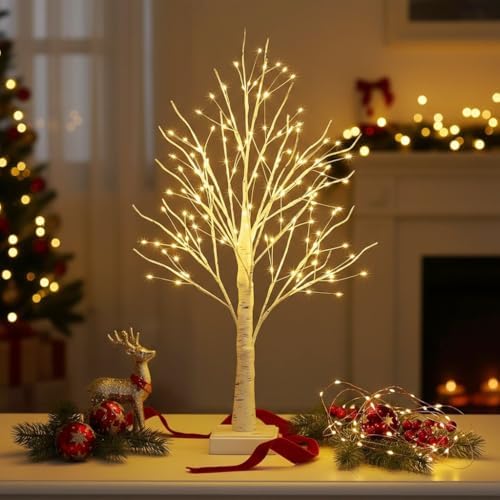 2ft Lighted Birch Tree with 144 Warm White LEDs - Small White Christmas Tree with Lights Centerpiece for Tabletop & Holiday Decor, Gift Ready Indoor Tree with Timer, USB/Battery Powered by NXUEBDUOutlets