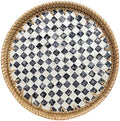 Round Rattan Tray with Mother of Pearl Inlay, Decorative Basket with Wooden Base, Woven Tray for Kitchen Island Decor, Table Decor, Storage and Display of Food (Checkerboard, 13.8") by Unknown