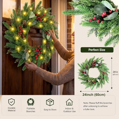 24 Inch Christmas Wreath for Front Door Artificial Wreath with Lights Red - Image 5