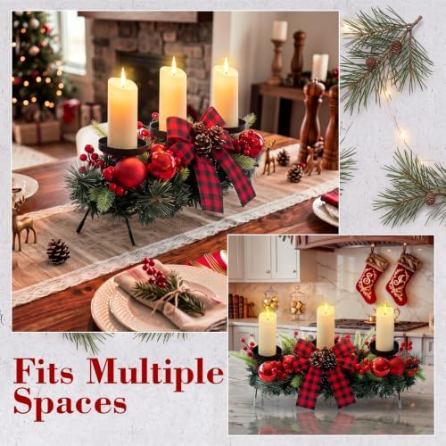 meekoo Christmas Centerpiece with 3 Candle Holders 3 LED Candles 1 String Lights Xmas Triple Candelabrum Red Buffalo Plaid Bow Berry with 3 Candle Holders for Tables Home Decorations - Image 4