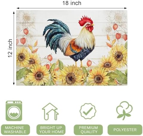 Farmhouse Rooster Placemats Set of 6, 12x18 Inch Country Chicken Table Place Mat Rustic Farm Animal Washable Non-Slip Heat Resistant Fabric Placement Mats for Dining Kitchen Indoor Outdoor Decor - Image 4