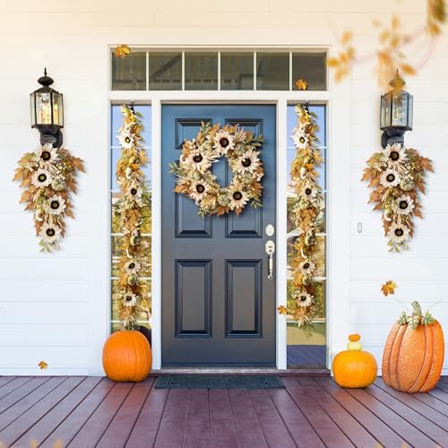 Glitzhome Fall Maple Leaf Garland - 6FT Artificial Sunflower Pumpkin Autumn Garland Decoration for Wedding Party Thanksgiving Dinner Fireplace Door Frame Doorway Backdrop Decor - Image 3