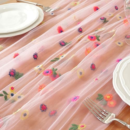 3pcs Pink Embroidery Daisy Fall Table Runner 10ft Florals Seasonal Tulle Table Runner Holiday Kitchen Dining Table Decoration for Home Party Indoor - Image 4