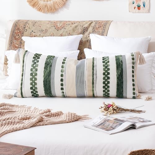 PANOD Boho Long Lumbar Throw Pillow Cover 14 x 36 Dark Green, Chenille Morocan Extra Long Pillow Case Cover, Decorative Long Pillow for Bed Couch Sofa Farmhouse - Image 2