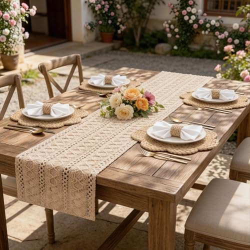 Burlap Placemats Set of 6 with Burlap Table Runner and Rattan Napkin Rings, Made of Natural Cotton and Corn Husk, Non-Slip Heat-Resistant Boho Fall Placemats Table Décorfor Dining Table Décor - Image 7