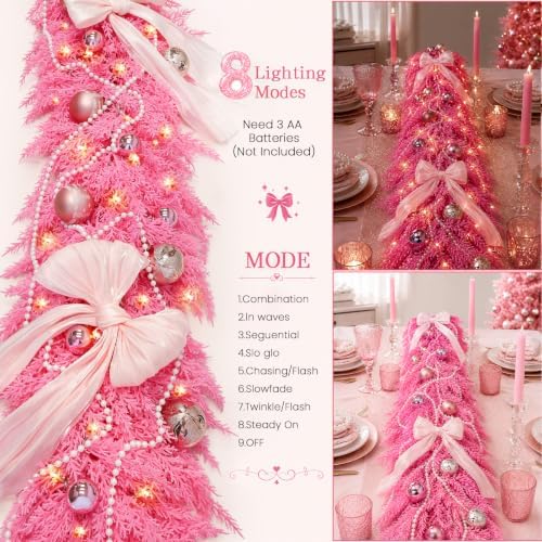 9FT Pink Christmas Garland with Lights Bow Decor Soft Preit Cedar Garland - Image 2