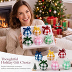 Thenshop 6 Pcs Gingham Plaid Glass Christmas Tree Ornament with Velvet Bow - Image 3