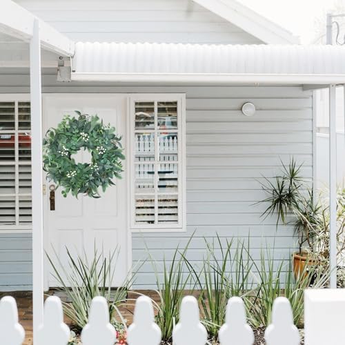 24"-26“ Green Eucalyptus Wreaths for Front Door with White Berries – Lifelike Spring, Summer, and Winter Wreath for Farmhouse Front Porch, Window, Door Decor - Image 3