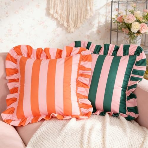 vctops Ruffle Square Throw Pillow Covers Boho Pink and Red Striped Decorative Pillowcases Set of 2, Soft Velvet Accent Cushion Cover Cases for Sofa Bed Living Room Decor (Pink Orange,18"x18") - Image 4