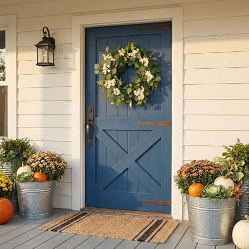 Summer Wreath for Front Door, 24 in Eucalyptus White Cherry Blossom - Image 2