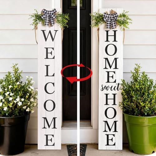 47.2" Two Sided Welcome Sign for Front Porch with Wreath Bow, Large Wooden Home Sweet Home Outdoor Decor, Long Vertical Leaner Standing Outside Front Door Yard Rustic Farmhouse Decorations by flangairy