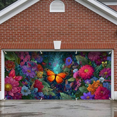 6x13 FT Butterfly Floral Garage Door Banner - Vibrant Colorful Flower Garden Backdrop, Large Indoor Outdoor Garage Door Cover,Nature Theme Decoration for Home, Yard, Spring Party,Wedding by FOREVERQUEEN