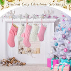 steo spce 5 Pack Pink & White Farmhouse Christmas Stockings – Rustic Boho Vintage Cable Knit Set, Includes 3 Small 15” Pink and 2 Large 18” White Stockings for Fireplace Mantel Holiday Décor - Image 6