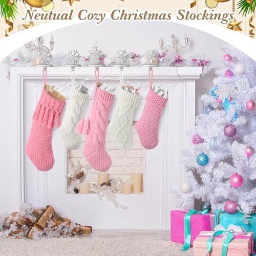 steo spce 5 Pack Pink & White Farmhouse Christmas Stockings – Rustic Boho Vintage Cable Knit Set, Includes 3 Small 15” Pink and 2 Large 18” White Stockings for Fireplace Mantel Holiday Décor - Image 6