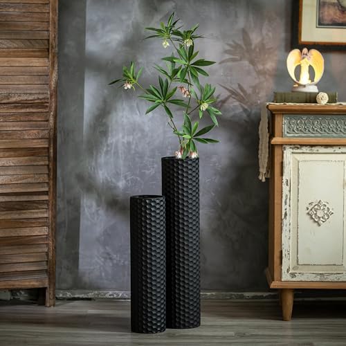 Sziqiqi Black Tall Floor Vase, Cylinder Metal Decorative Vase Set, 2Pcs - Image 2