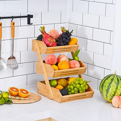 VIKEYHOME 3-Tier Bamboo Fruit Basket for Kitchen - 16" Tall Produce Stand - Image 3